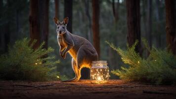A kangaroo stands beside a jar of glowing lights in a serene forest setting. photo
