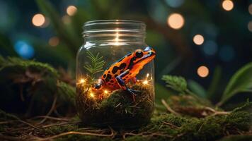 A vibrant frog inside a glass jar surrounded by greenery and soft lights. photo