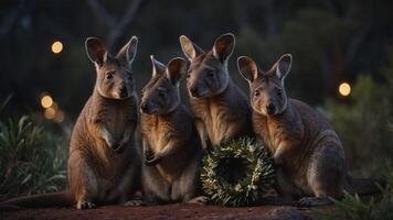 Four kangaroos gathered around a wreath in a natural setting during twilight. photo