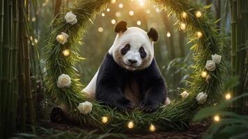 A panda sits in a floral wreath surrounded by bamboo and soft lights, creating a serene atmosphere. photo
