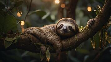 A sloth lounging on a tree branch in a lush, illuminated forest. photo