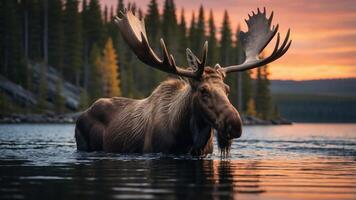 A majestic moose wades through a tranquil lake at sunset, surrounded by pine trees. photo