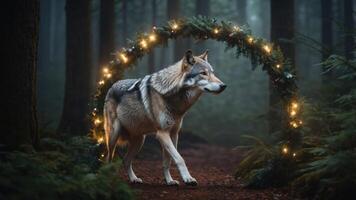 A wolf walks through a misty forest adorned with a glowing, festive arch. photo