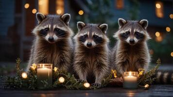 Three raccoons posed with candles and greenery, creating a cozy, festive atmosphere. photo