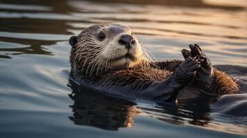 A playful otter floats on its back in calm waters, showcasing its playful nature. photo