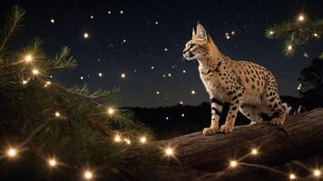 A serene scene featuring a serval cat amidst twinkling lights and a starry night sky. photo