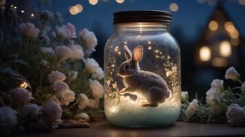 A whimsical scene of a rabbit inside a glowing jar surrounded by flowers and soft lights. photo