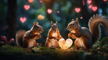 Three squirrels gather around a glowing heart in a whimsical forest setting. photo