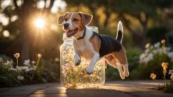 A playful beagle leaps from a jar filled with flowers, capturing a joyful moment in nature. photo