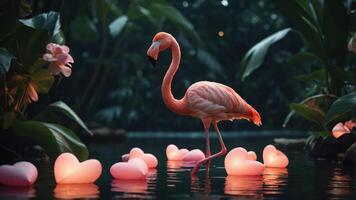 A flamingo stands gracefully among glowing heart-shaped lights in a lush, serene environment. photo