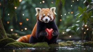 A red panda holding a heart-shaped object in a lush, enchanting forest setting. photo