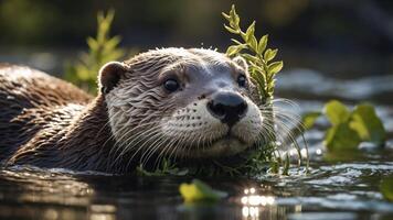 A close-up of an otter in water, surrounded by greenery, showcasing its playful nature. photo