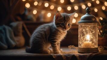 A cute kitten sits beside a glowing lantern, creating a cozy, warm atmosphere. photo