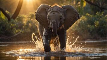 A young elephant splashes through water, illuminated by sunlight in a natural setting. photo