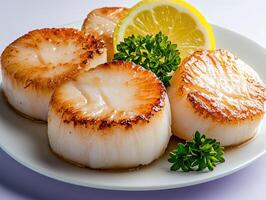 Close up of perfectly seared scallops on a white plate with lemon and parsley photo