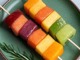 Rainbow fruit skewers on green plate photo