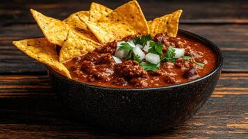 A bowl of hearty chili topped with tortilla chips and onions photo