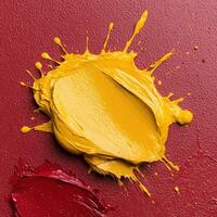 Abstract paint splatters in yellow and red on a textured background photo