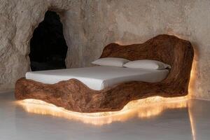 Luxury wooden bed with warm lighting in a cave setting photo