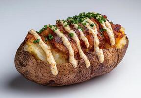 Loaded baked potato with bacon bits, chives, and creamy sauce photo