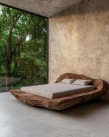 Luxury modern bedroom with a unique wooden bed and jungle view photo