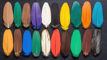 Vibrant painted feathers arranged in rows on a dark background photo