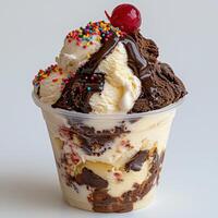 Close up of a delicious ice cream sundae with chocolate sauce, sprinkles, and a cherry on top photo