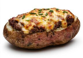 Close up of a baked potato topped with chili and cheese photo