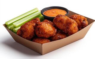 Close up of crispy buffalo chicken wings in a brown paper takeout container with celery sticks and a side of spicy dipping sauce photo