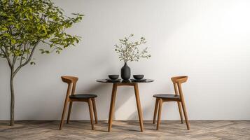 Minimalist dining room interior with wooden chairs and a round table photo