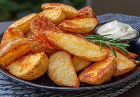 Crispy golden potato wedges with creamy dipping sauce photo
