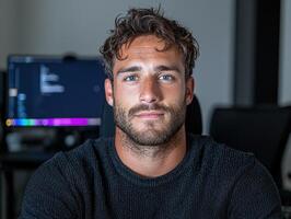 Portrait of a young man with a beard, sitting in front of a computer screen photo