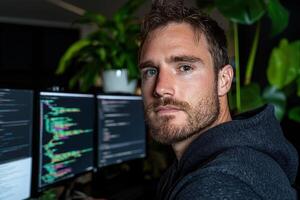 Focused programmer working late at night on his computer photo