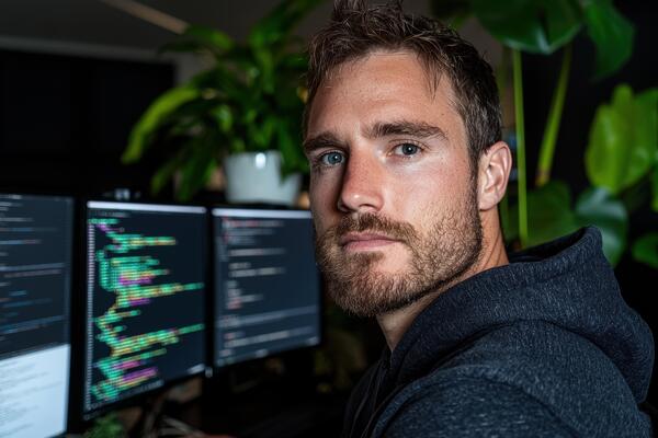 Focused programmer working late at night on his computer