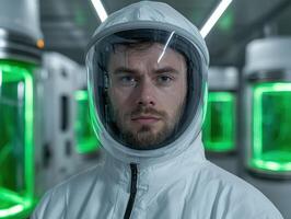 Scientist in futuristic lab wearing protective suit and helmet photo