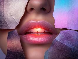 Close up of womans lips with glowing light, futuristic makeup, cracked metallic texture photo