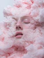 Surreal portrait of a womans face partially obscured by pink smoke or clouds photo