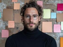 Portrait of a man with glasses and turtleneck sweater against a colorful sticky note background photo