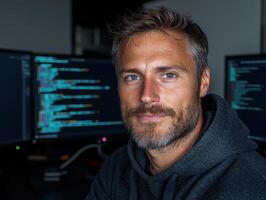 Portrait of a focused programmer working late at night from home photo