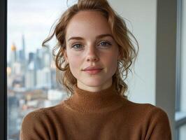 Portrait of a young woman with freckles, smiling gently at the camera, in front of a city skyline photo