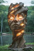 Illuminated tree face sculpture in a forest setting photo