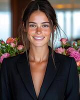 Portrait of a young woman with freckles in a dark blazer photo