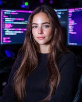 Portrait of a young woman programmer looking at the camera, with computer screens showing code in the background photo