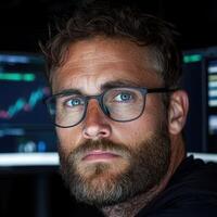 Close up portrait of a man with a beard and glasses, looking intensely at something photo