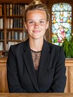 Portrait of a young woman in a black blazer, sitting in a library photo