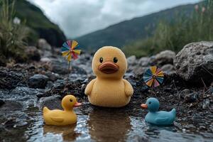 Cute rubber ducks in a mountain stream photo