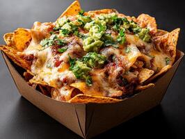 Loaded nachos with melted cheese, guacamole, and pico de gallo in a brown cardboard takeout container photo