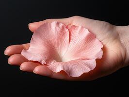 Pink flower petal in a hand against a black background photo