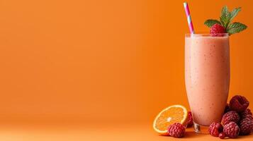 Refreshing raspberry orange smoothie in tall glass with straw photo