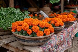 Vibrant orange marigolds in rustic terracotta pots at a market photo